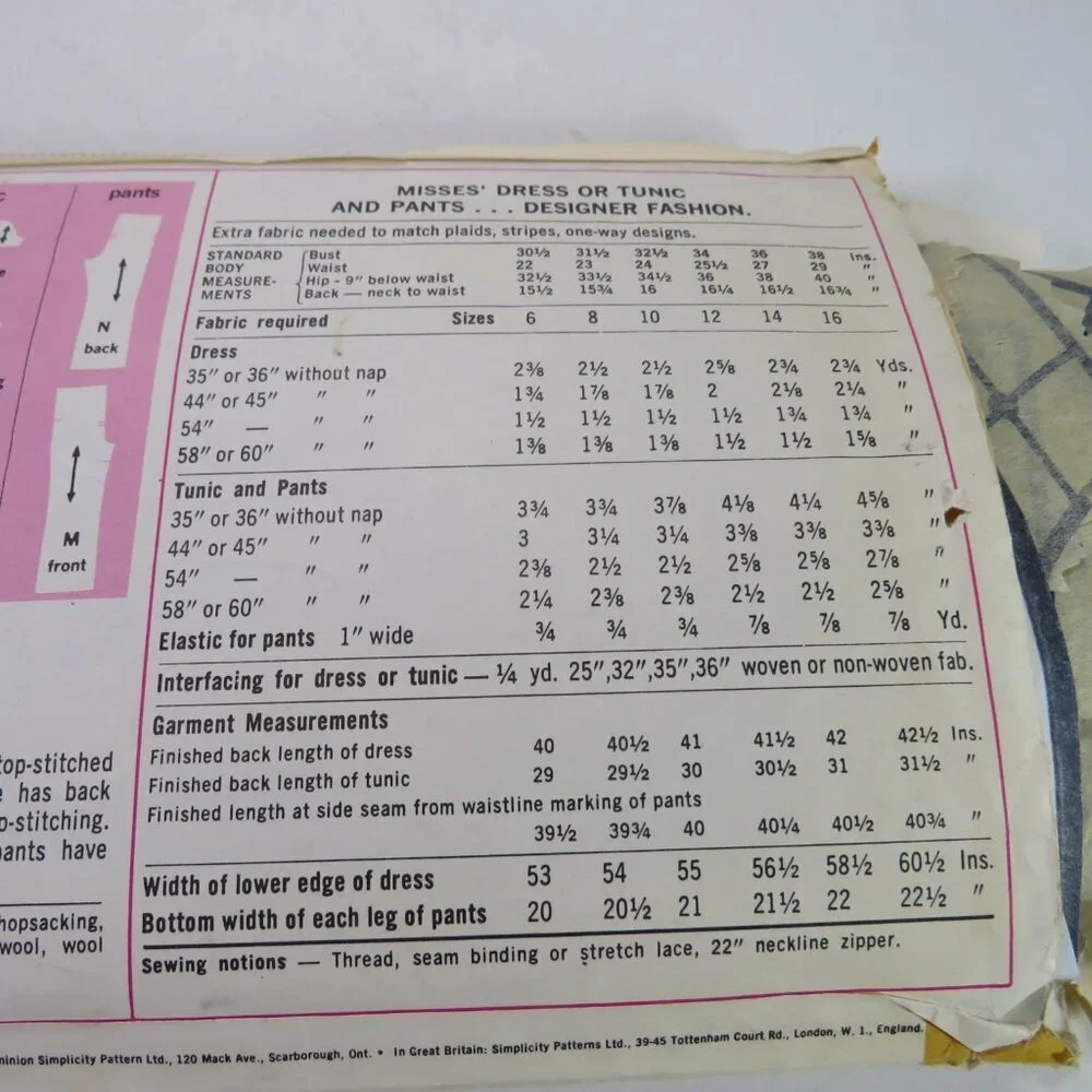 Simplicity 9456 Clothing Pattern Size 14 Dress, Pants straight leg